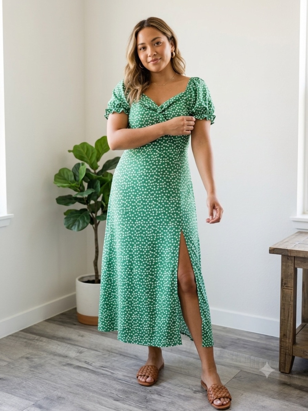 SHEIN Kelly Green Daisy Floral Puff Sleeve Milkmaid Midi Dress L /10 Cottagecore